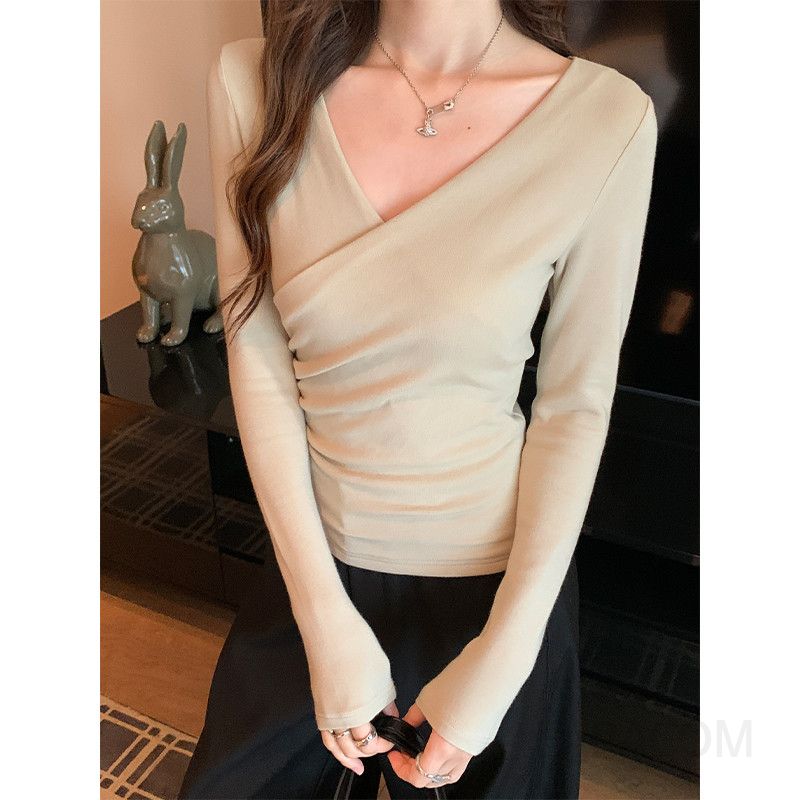 여성 슬림핏 긴팔 티셔츠 가을 V넥 레이어드용 캐주얼 이너웨어 편안한 착용감 허리 디자인 - 상세 이미지 5