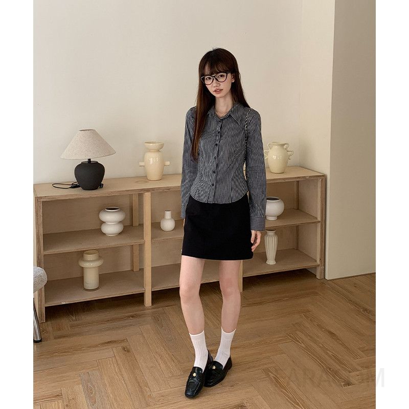 데일리 오피스룩 추천 단정하고 세련된 여성 블랙체크 타이넥 리본 카라 긴팔 셔츠 블라우스 루즈핏 봄 가을 - 상세 이미지 2