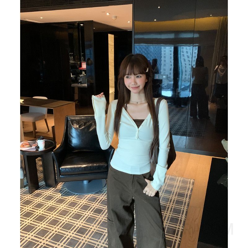 여성용 가을 긴팔 티셔츠 V넥 고급 스타일 편안한 베이스 레이어 패션 레이어드 가능한 디자인 캐주얼 착용감 좋은 - 상세 이미지 2