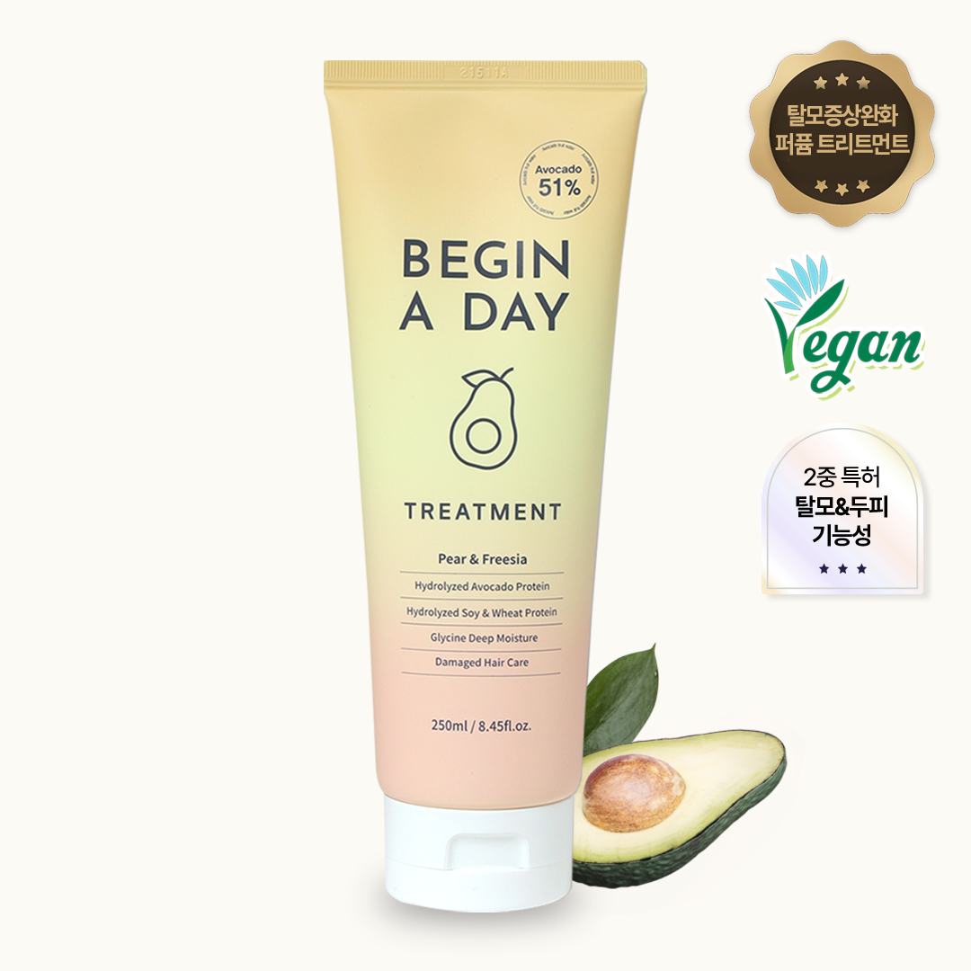 비긴어데이 아보카도 단백질 트리트먼트 약산성 비건 천연 윤기 손상모 헤어팩, 250ml 제품 이미지
