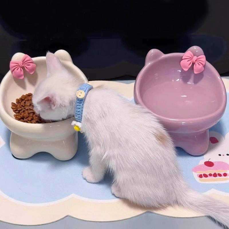 귀여운 고양이 강아지 믹 밥그릇 물그릇 사료 보호 용기 화이트 - 상세 이미지 5