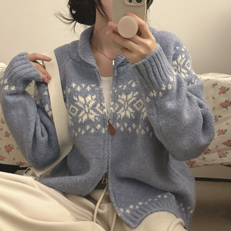 눈꽃 스노우 노르딕 겨울 투웨이 하프 집업 니트 카라 가디건 루즈핏 연말룩 (3color)