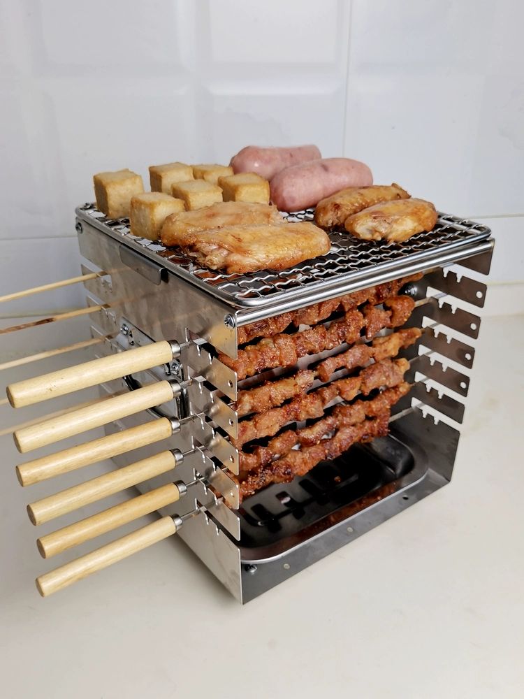 꼬치구이  양 닭 소형 바베큐 그릴 캠핑 실내외 숯불 구이용 숯불캠핑화로 중형 그릴+사각 트레이+숯