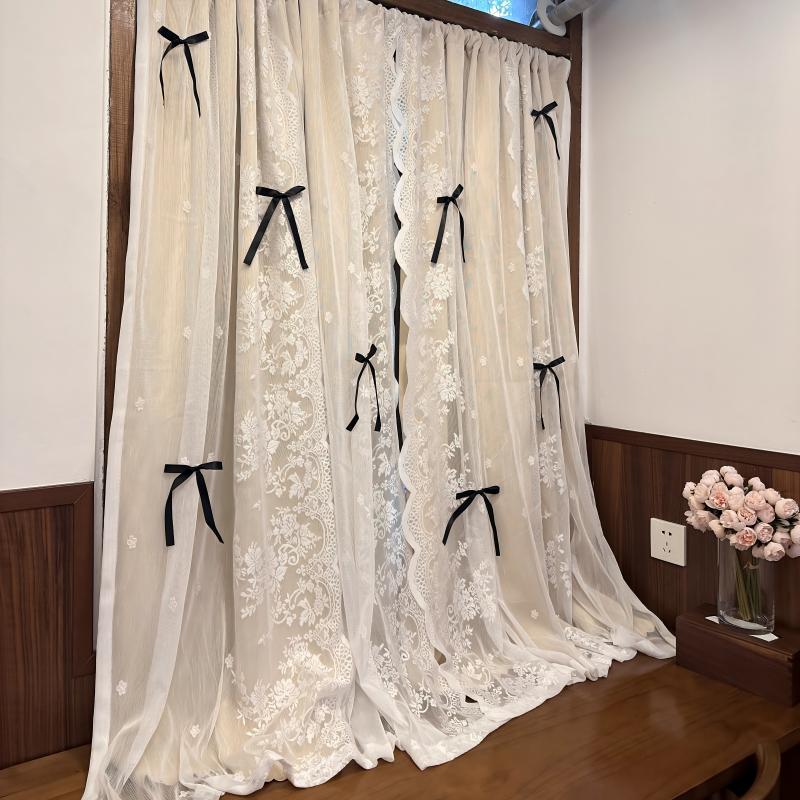 프렌치 크림 컬러 레이스 이중 암막 커튼 공주풍 거실용 크림 레이스 더블 레이어 로드 폭 200x높이 250cm 6개리본포함