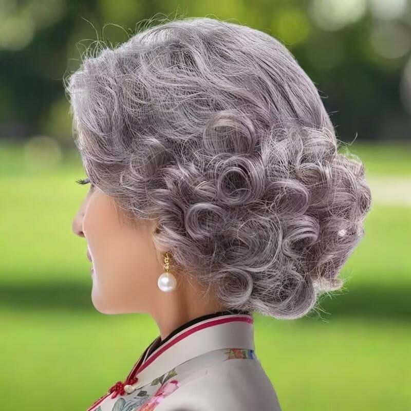 할머니 흰머리카락 가발 연극무대 촬영 소품 무대 연극 코스프레 헤더 화이트+헤어 네트 - 상세 이미지 2