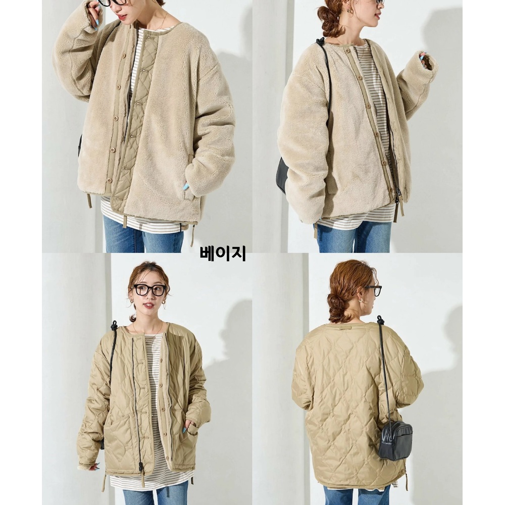 프릭스스토어X타이온 리버시블 보아 퀼팅 카라리스 다운 자켓 여성 코트 25AW 블랙 - 상세 이미지 4