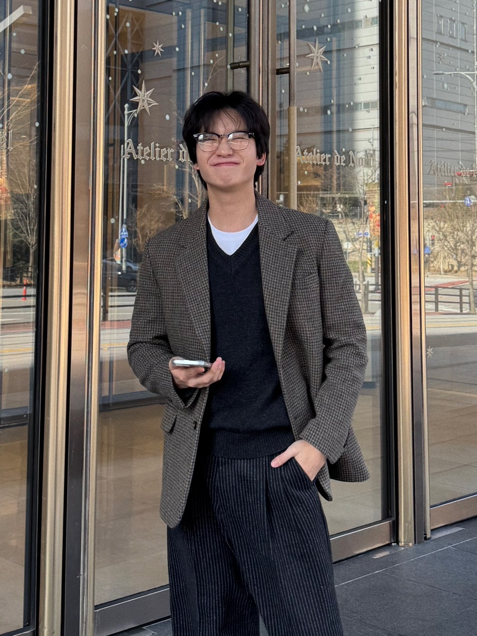 (남녀공용) 하운 루즈 울 체크 블레이저 자켓 / 가을 겨울 오버 대디 정장 수트 재킷 - 상세 이미지 4