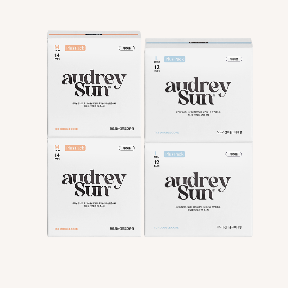 오드리선 더블코어 유기농 순면 생리대 TCF 비건 중형2팩+대형2팩 제품 이미지