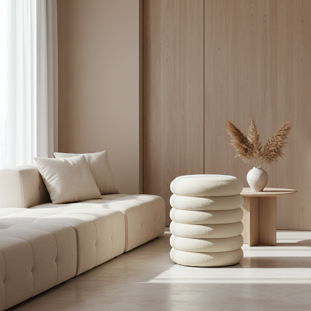 마카롱 화장대의자 원형 수납 스툴 부클레 베이지