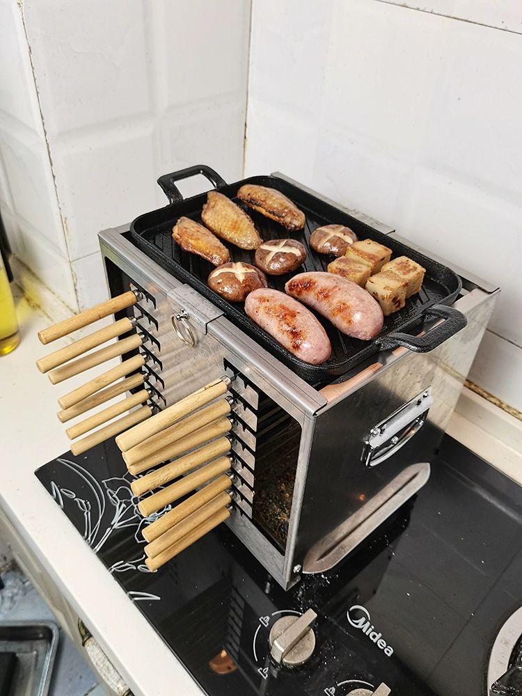 꼬치구이  양 닭 소형 바베큐 그릴 캠핑 실내외 숯불 구이용 숯불캠핑화로 중형 그릴+사각 트레이+숯