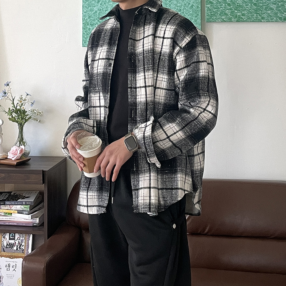 남자 기모셔츠 오버핏 모직 양털 체크 남방 겨울 남자 셔츠 이미지 2