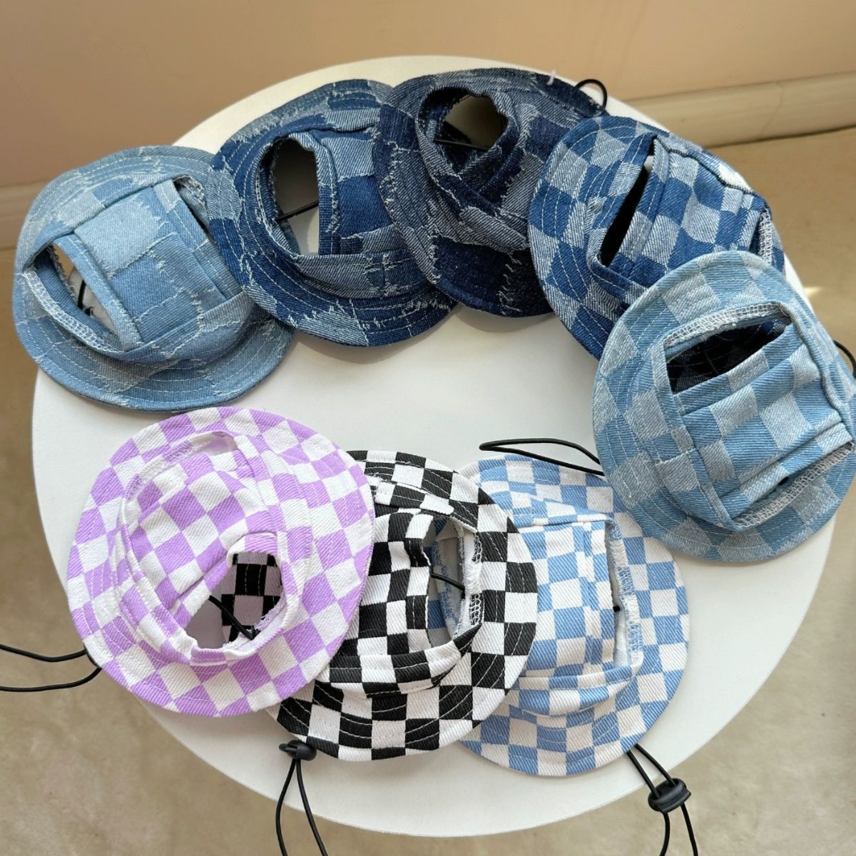 고양이 강아지 여름 썬캡 자외선차단 데님 귀달린 애견모자 크림옐로우 S