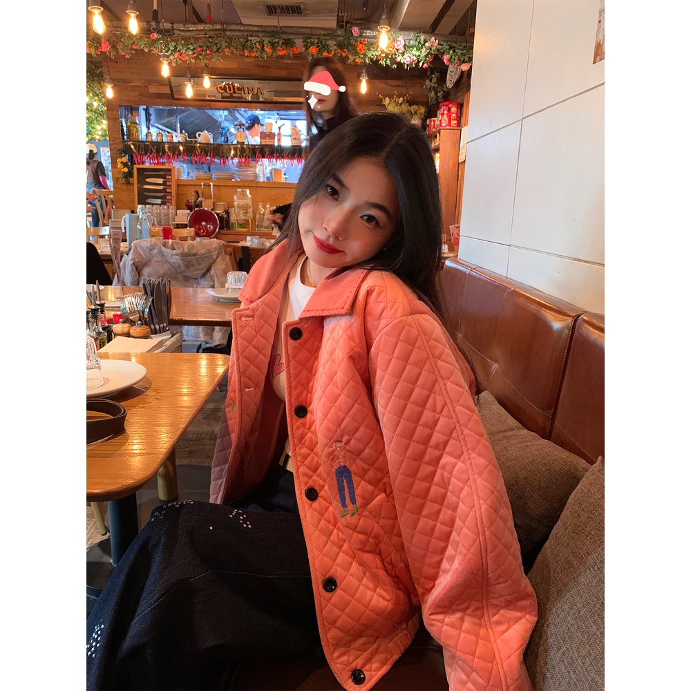 코듀로이카라 퀼팅 패딩점퍼 오버핏 그림자수 유니크 튀는 디자인 고급 가을 겨울 오렌지 - 상세 이미지 3