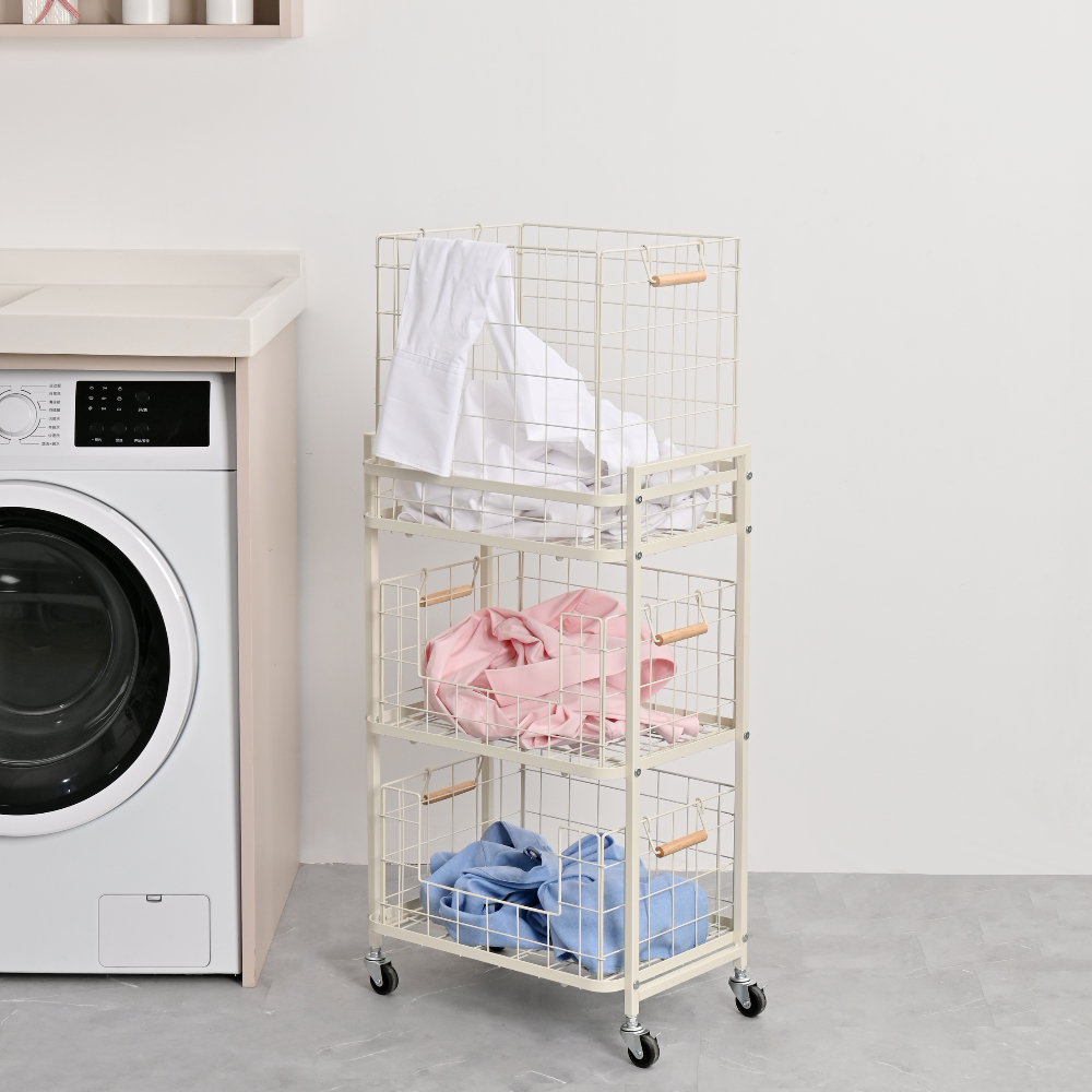 생활의견 이동식 스텐 빨래바구니 3단 대용량 빨래통 세탁바구니 햄퍼