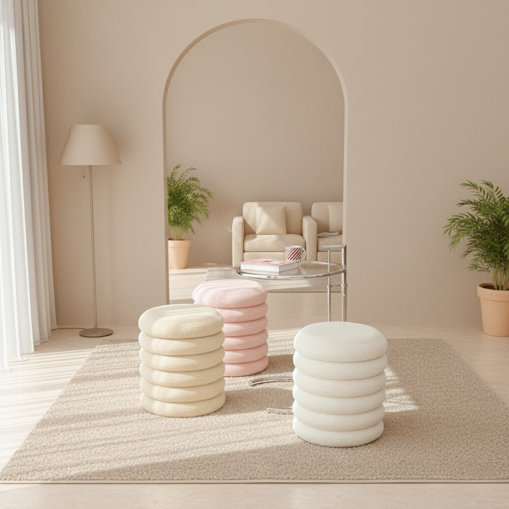 마카롱 화장대의자 원형 수납 스툴 부클레 베이지