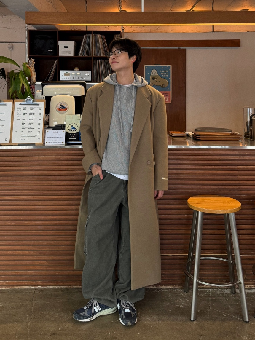 (남녀공용) 아트 맥시 더블 롱코트 / 겨울 소프트 보온 루즈 오버 베이지 블랙 코트 - 상품 이미지