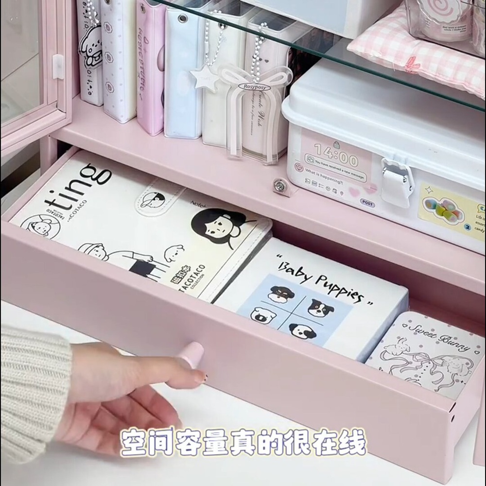 철제 미니 장식장 하단서랍형 4단 퍼플 굿즈 피규어 악세사리 수납 진열장 메탈 핑크 - 상세 이미지 5