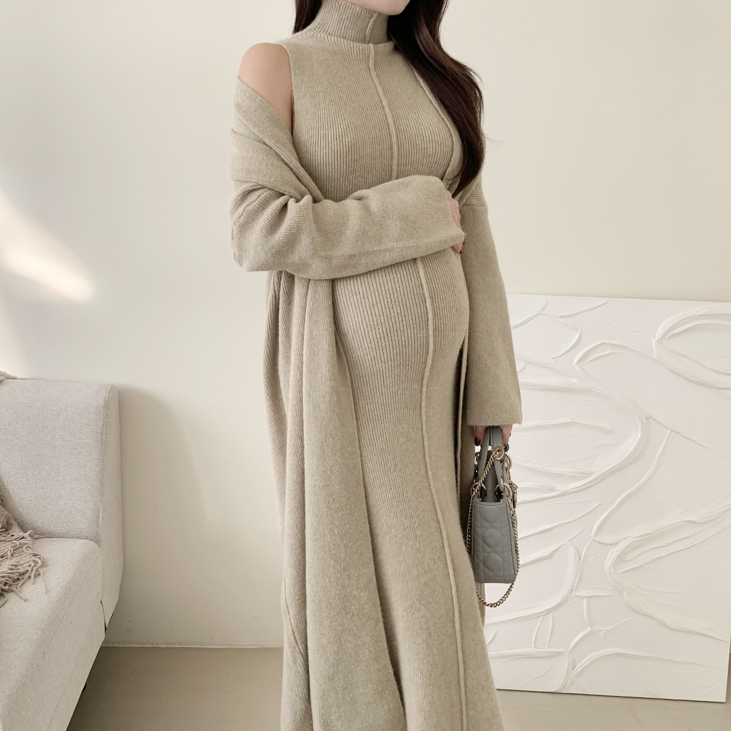 올리비아 목폴라 임산부원피스 롱가디건 투피스 세트 만삭 가을 겨울 임부복