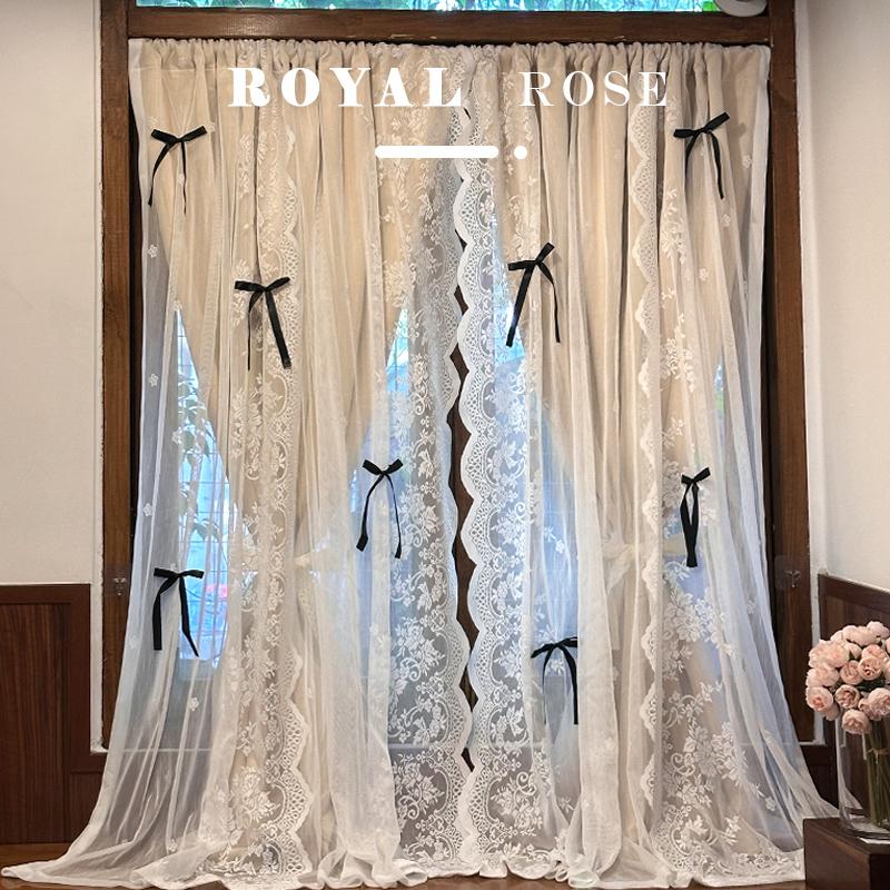 프렌치 크림 컬러 레이스 이중 암막 커튼 공주풍 거실용 크림 레이스 더블 레이어 로드 폭 200x높이 250cm 6개리본포함