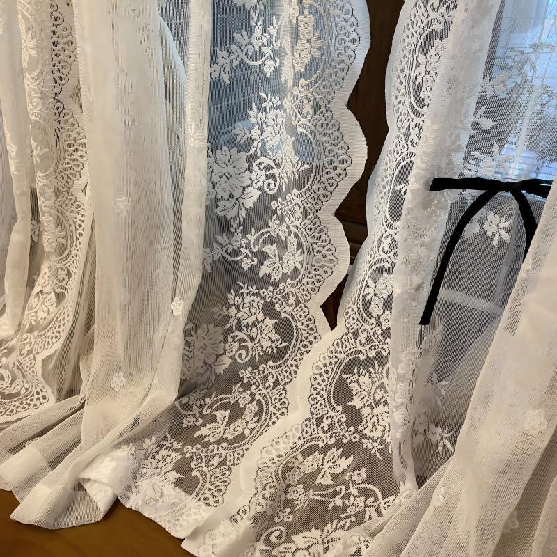 프렌치 크림 컬러 레이스 이중 암막 커튼 공주풍 거실용 크림 레이스 더블 레이어 로드 폭 200x높이 250cm 6개리본포함