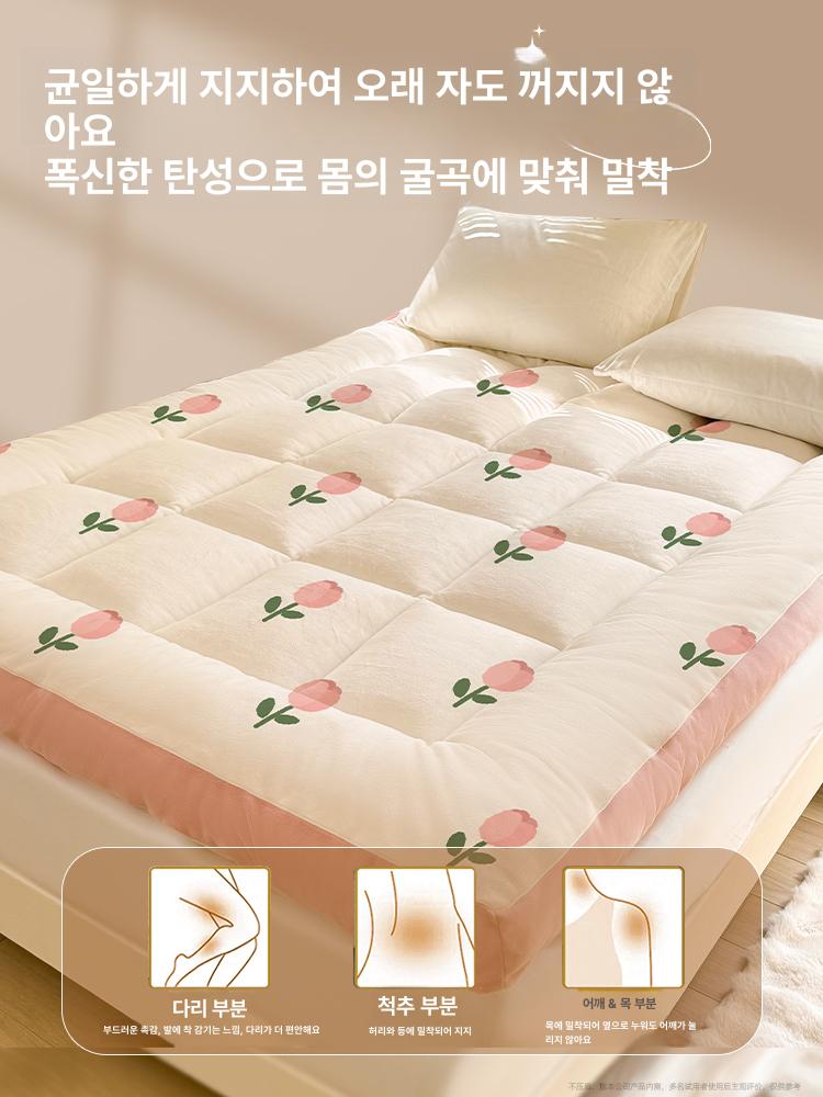 겨울용 두꺼운 보온 밀크벨벳 매트 침대 패드 가정용 침대용 약4cm 플로럴 패턴 120x190cm 싱글 침대 - 상세 이미지 4
