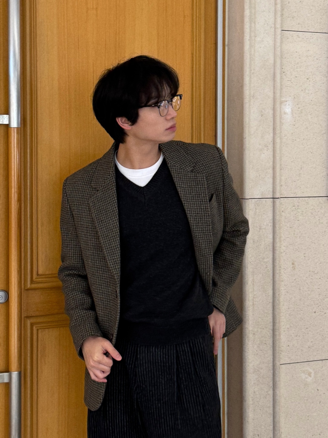 (남녀공용) 하운 루즈 울 체크 블레이저 자켓 / 가을 겨울 오버 대디 정장 수트 재킷 - 상세 이미지 2