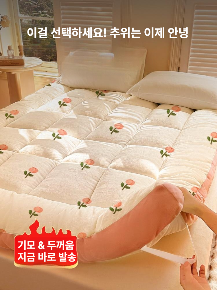 겨울용 두꺼운 보온 밀크벨벳 매트 침대 패드 가정용 침대용 약4cm 플로럴 패턴 120x190cm 싱글 침대 - 상세 이미지 2