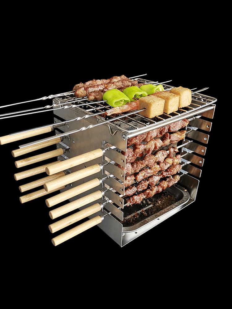 꼬치구이  양 닭 소형 바베큐 그릴 캠핑 실내외 숯불 구이용 숯불캠핑화로 중형 그릴+사각 트레이+숯