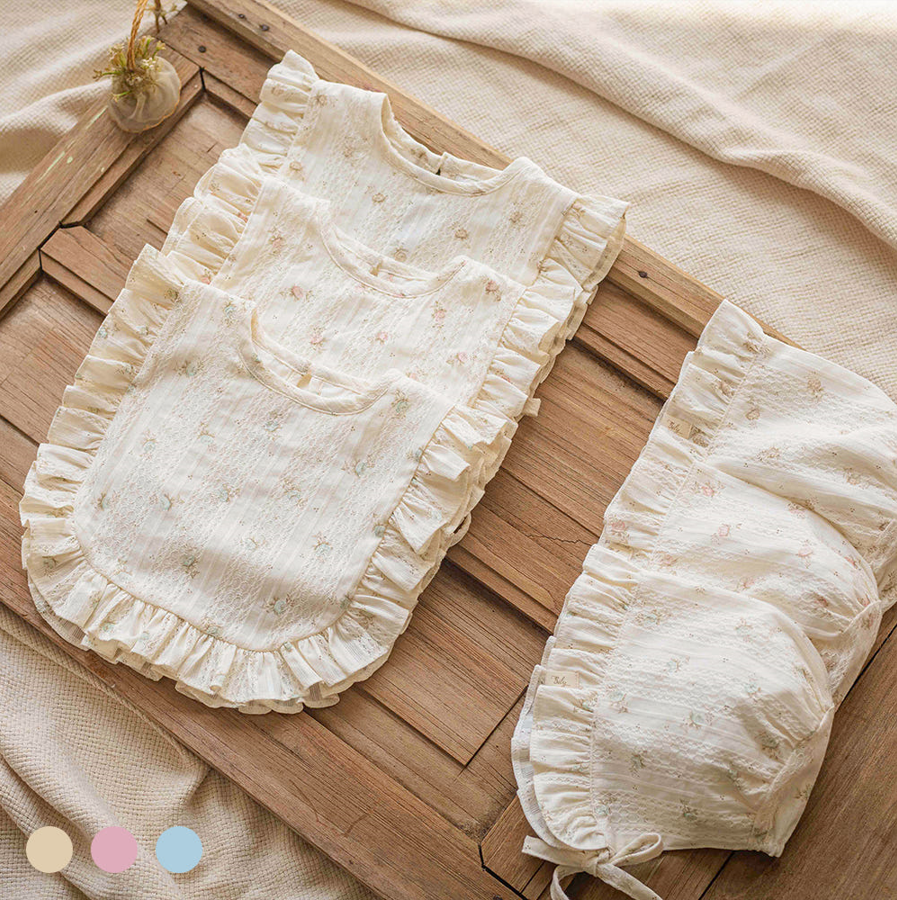 유럽풍 아기용품 빌리 미뉴엣 프릴 턱받이 & 보넷 아기모자 빕 신생아룩 출산선물