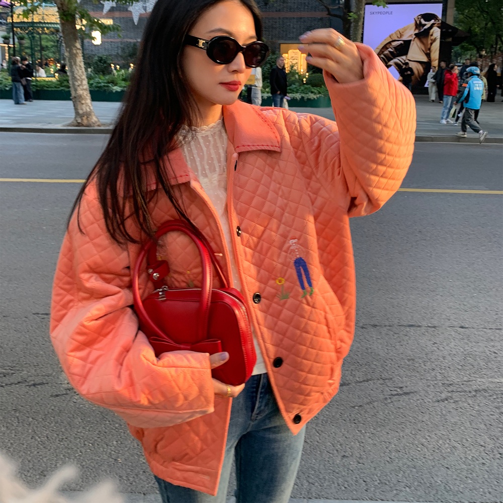 코듀로이카라 퀼팅 패딩점퍼 오버핏 그림자수 유니크 튀는 디자인 고급 가을 겨울 오렌지 - 상품 이미지