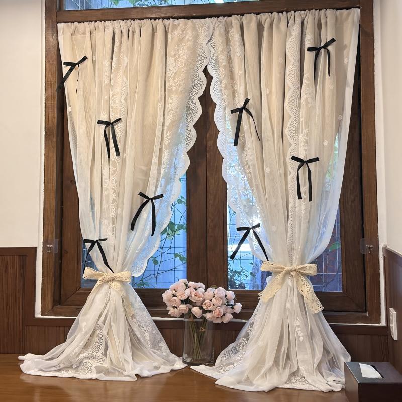 프렌치 크림 컬러 레이스 이중 암막 커튼 공주풍 거실용 크림 레이스 더블 레이어 로드 폭 200x높이 250cm 6개리본포함