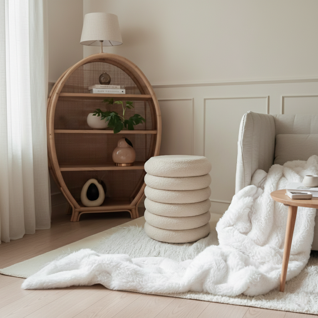 마카롱 화장대의자 원형 수납 스툴 부클레 베이지