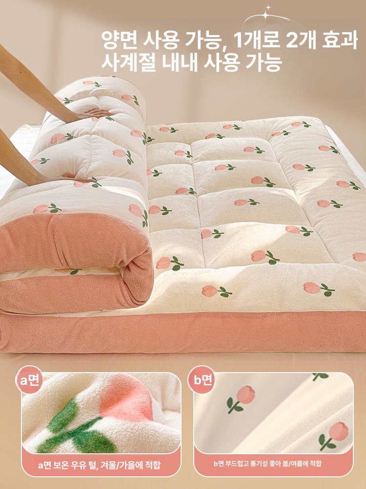 겨울용 두꺼운 보온 밀크벨벳 매트 침대 패드 가정용 침대용 약4cm 플로럴 패턴 120x190cm 싱글 침대 - 상세 이미지 5