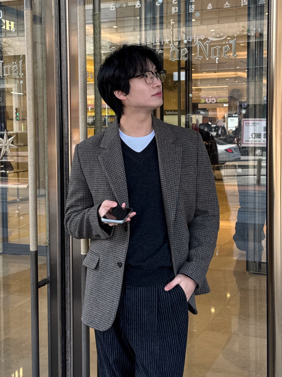 (남녀공용) 하운 루즈 울 체크 블레이저 자켓 / 가을 겨울 오버 대디 정장 수트 재킷 - 상품 이미지