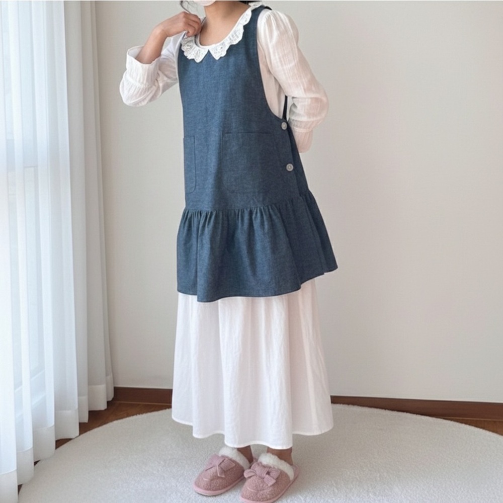 스윗 신혼 보육교사 선생님 앞치마 옆단추 레이스 면 셔링 원피스 선물용 앨리스