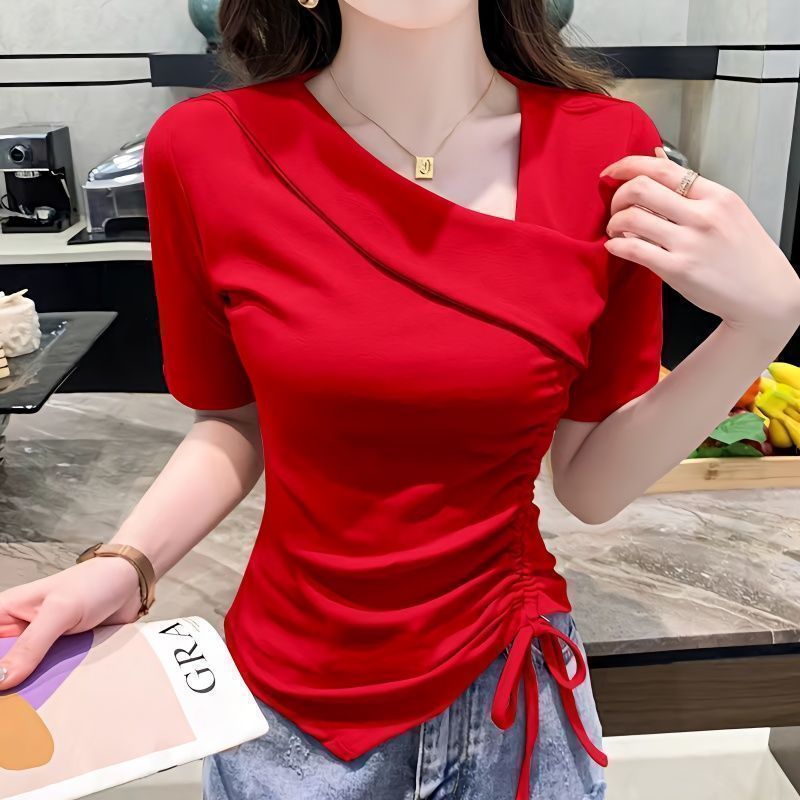 여성 브이넥 반팔 티셔츠 여름 슬림핏 언발 스트링 - 상세 이미지 2