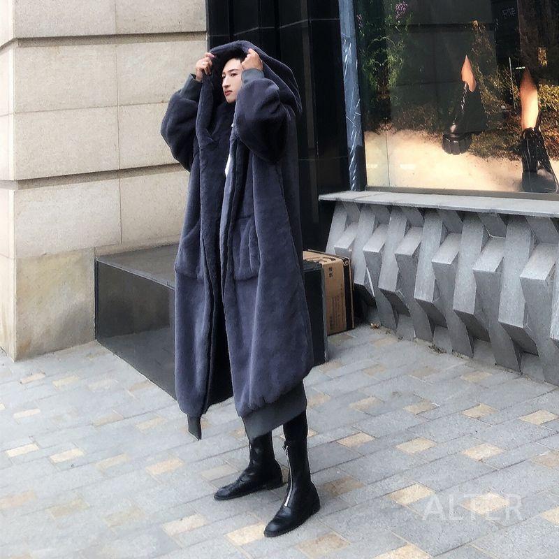 남성 롱 후리스 겨울 페이크퍼 후드 양털 아우터 가을 뽀글이 집업 코트 어두운 회색 S - 상세 이미지 4