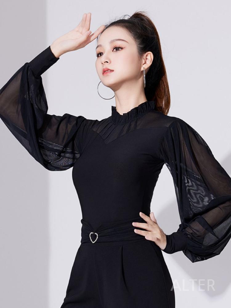 스포츠 댄스복 상의 라인 재즈 댄스 라틴 긴팔 레이스 블랙 M - 상세 이미지 2