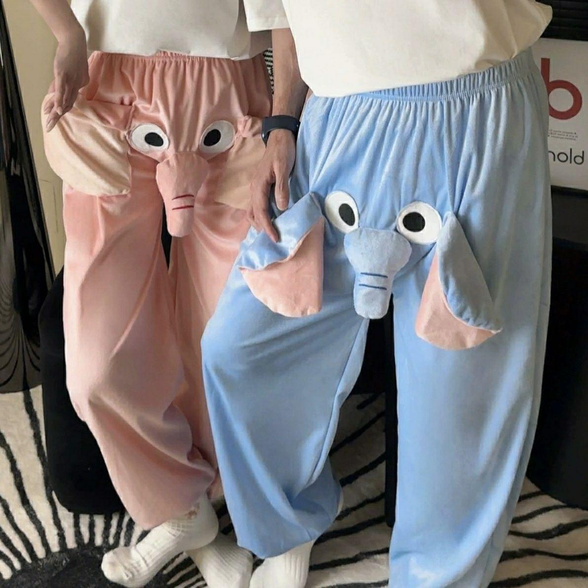 귀여운 코끼리 바지 크마스 전투복 캐주얼 홈웨어 블루 롱 팬츠 S - 상세 이미지 2