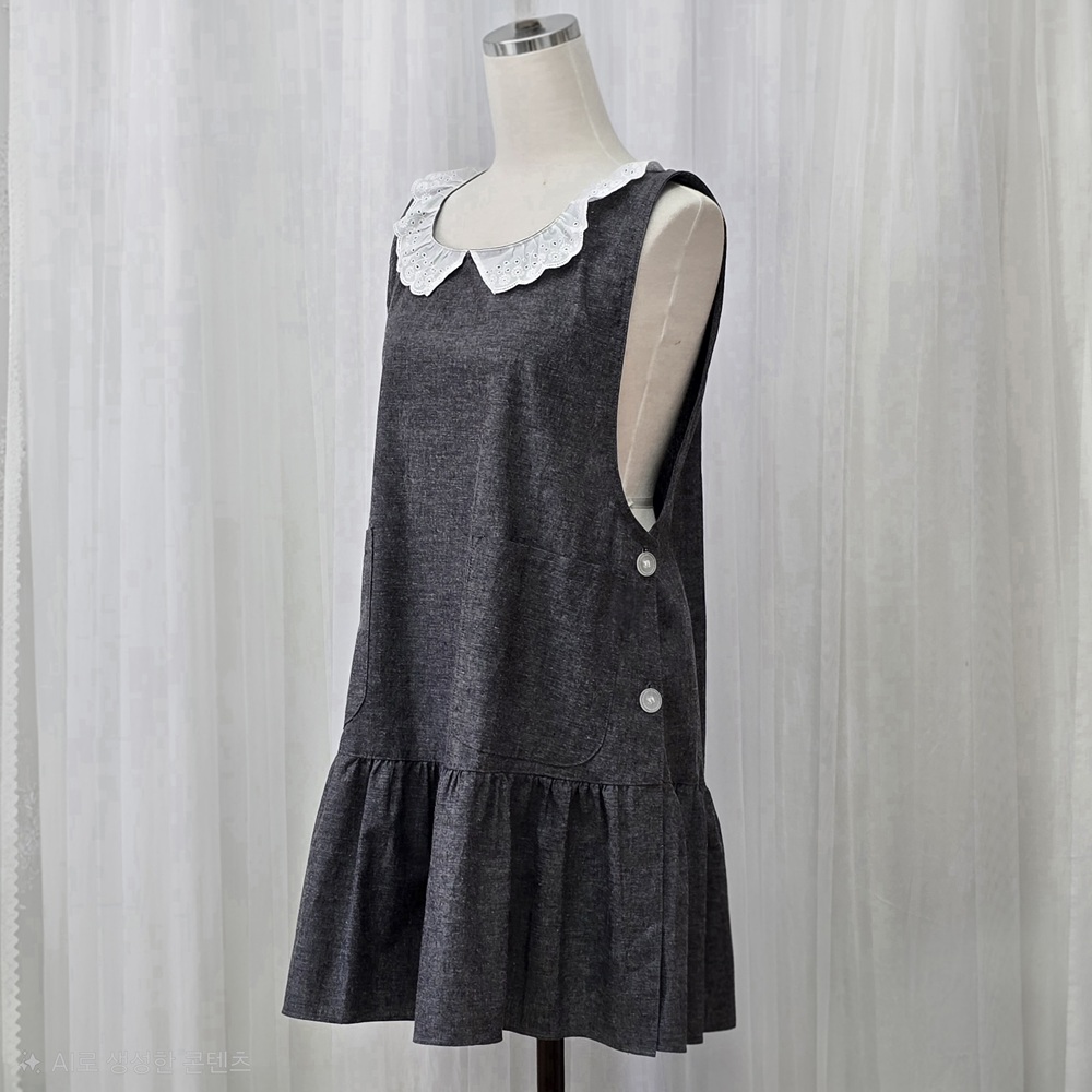 스윗 신혼 보육교사 선생님 앞치마 옆단추 레이스 면 셔링 원피스 선물용 앨리스