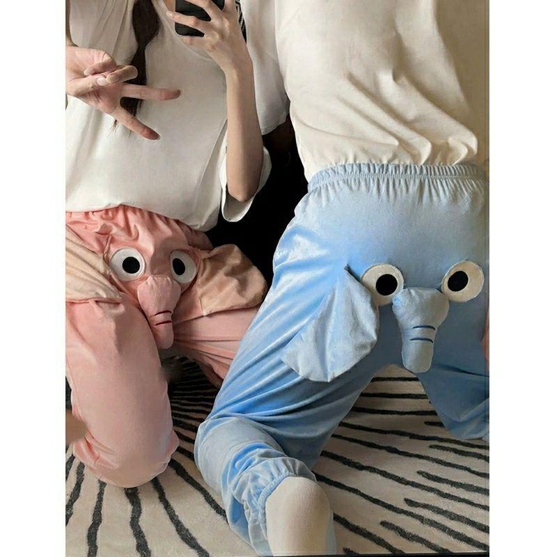 귀여운 코끼리 바지 크마스 전투복 캐주얼 홈웨어 블루 롱 팬츠 S - 상세 이미지 4