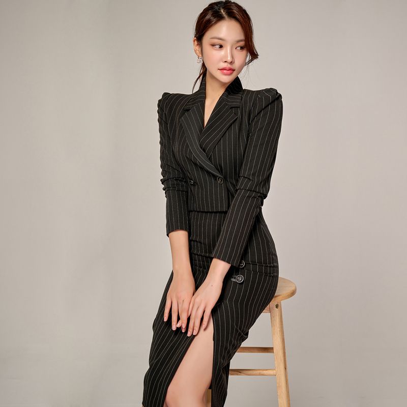 스트라이프 정장 코디 트임 셋업 자켓 캐주얼 투피스 - 상세 이미지 4