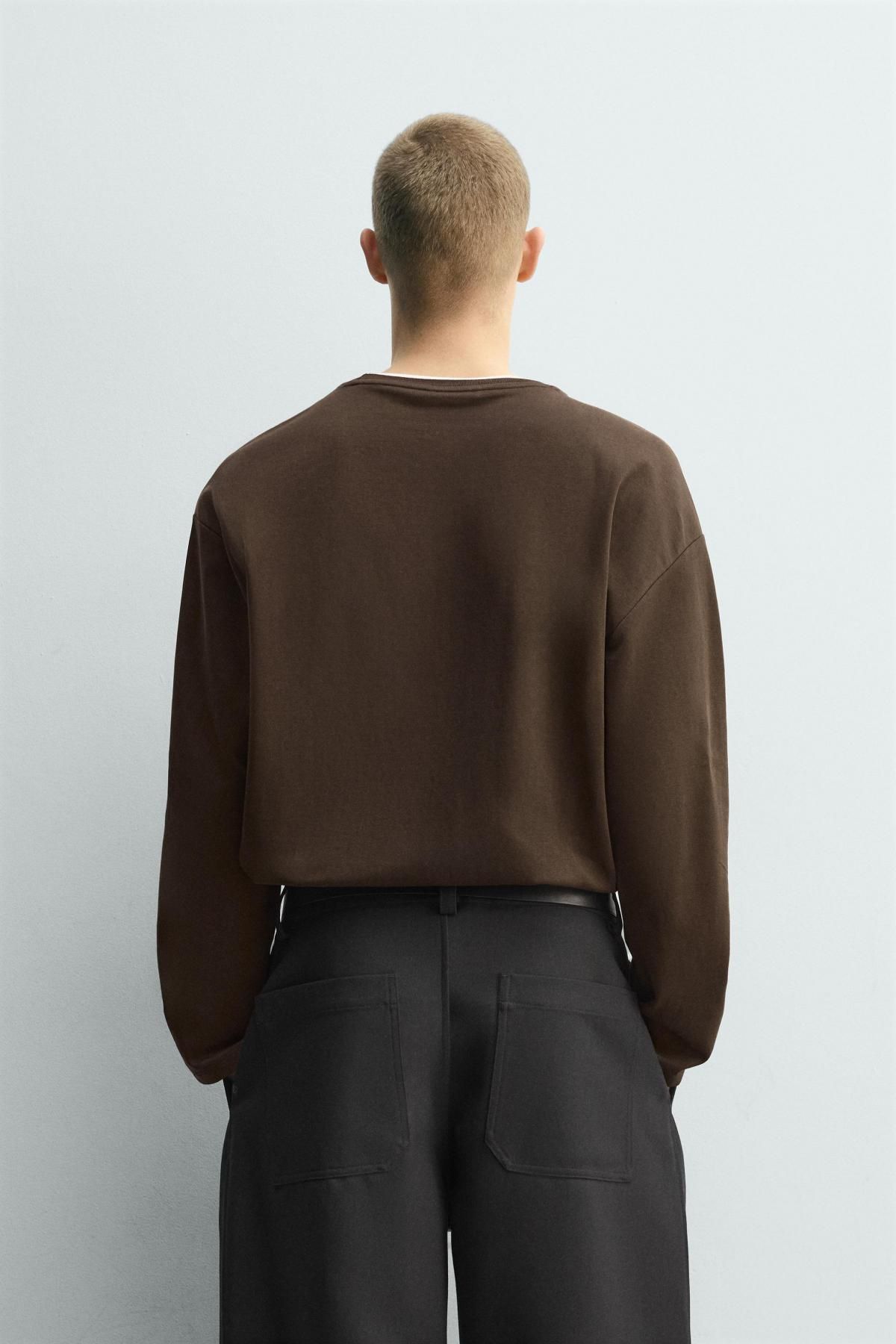 자라 투톤 더블레이어 루즈핏 긴팔 티셔츠 5584/391 BROWN - 상세 이미지 4