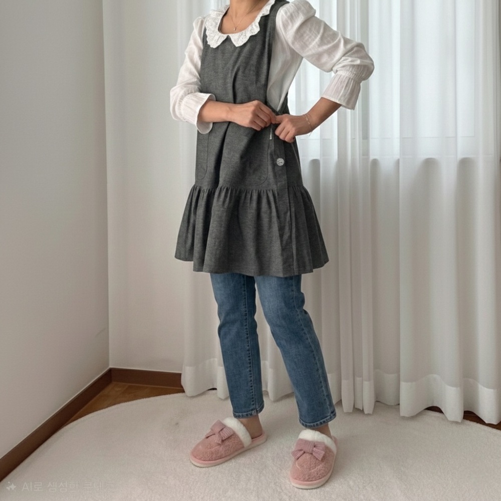 스윗 신혼 보육교사 선생님 앞치마 옆단추 레이스 면 셔링 원피스 선물용 앨리스