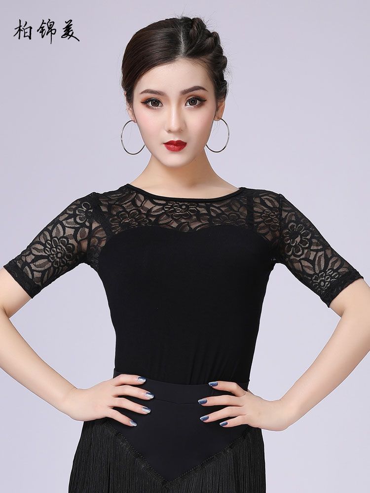 라인 댄스 댄스복 시스루 상의 라틴 반팔상의 티셔츠 레이스 플라워 - 상세 이미지 2