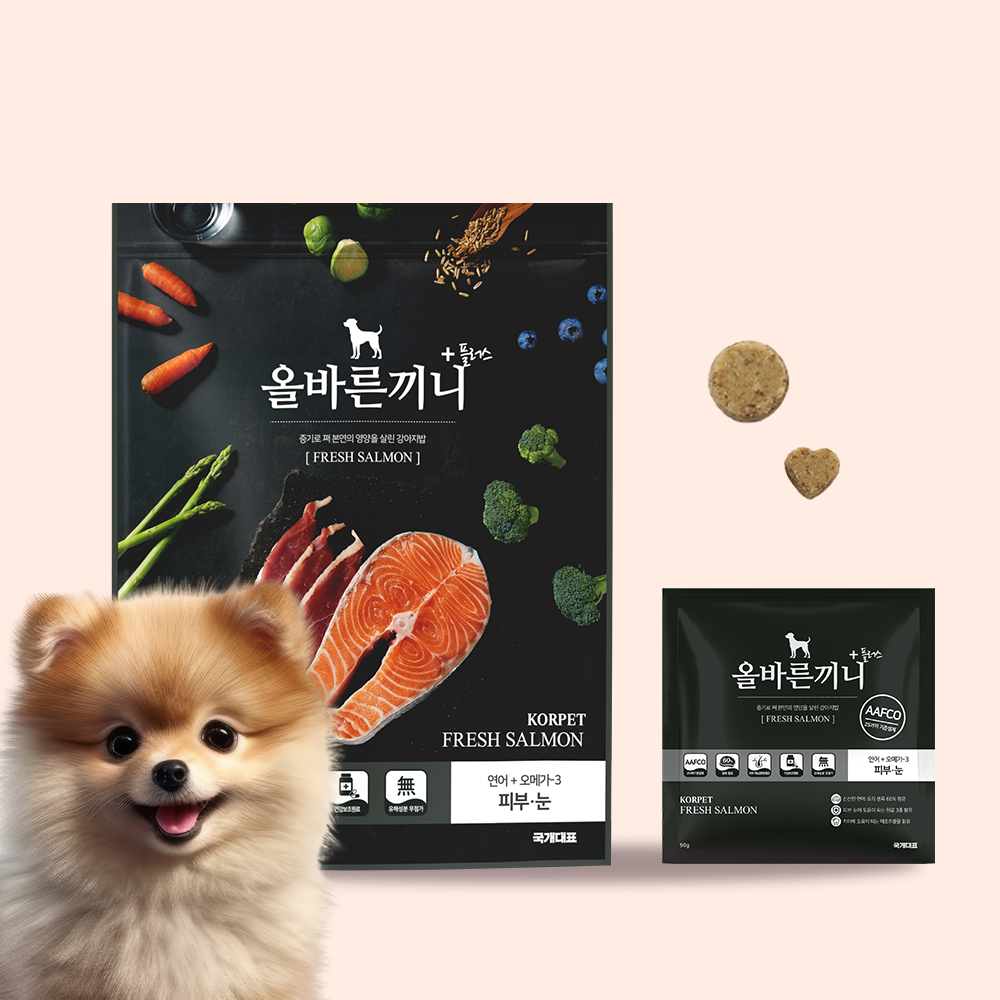 올바른끼니 플러스 연어 강아지사료 눈물 알러지 피부 건강도움 강아지밥 기호성 좋은 애견사료 제품 이미지