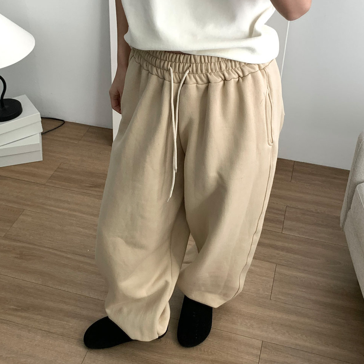 코니 기모 조거팬츠 밴딩조거 와이드팬츠 웨어링무드 (2c) - 상품 이미지