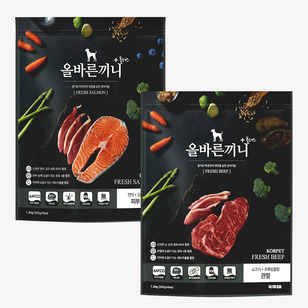 올바른끼니 플러스 소고기+연어 강아지사료 슈나우저 스피츠 푸들 관절 피부 눈물건강 애견사료