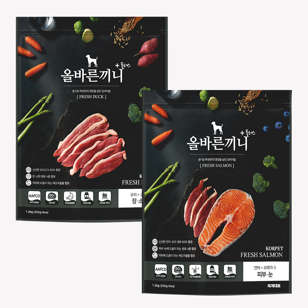 올바른끼니 플러스 연어+오리 강아지 사료 닥스훈트 말티푸 말티즈 눈물 알레르기 강아지 밥 - 상품 이미지