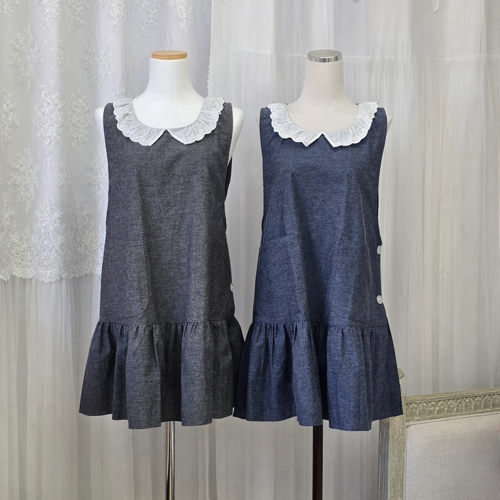 스윗 신혼 보육교사 선생님 앞치마 옆단추 레이스 면 셔링 원피스 선물용 앨리스